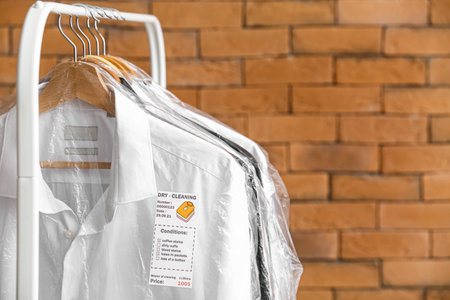 Rack with clean shirts in plastic bags near brick wall