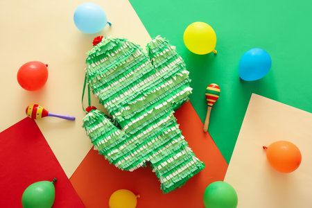Mexican pinata in shape of cactus with balloons and maracas on color backgroundの写真素材