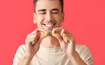 Smiling young man with yellow ear plugs on red background, closeup