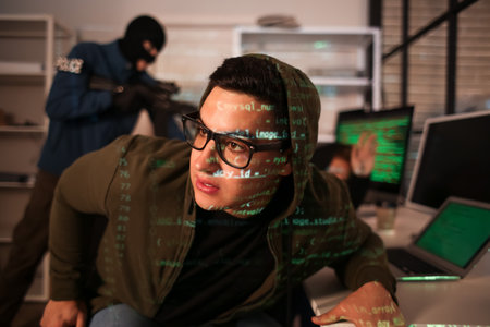 Assault team arresting hackers in dark roomの写真素材