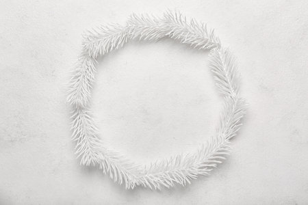 Frame made of white fir branches on light backgroundの写真素材