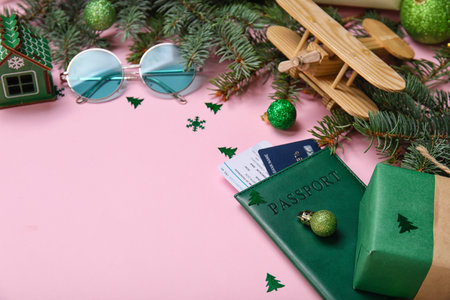 Travel accessories with Christmas decor and fir branches on pink backgroundの写真素材