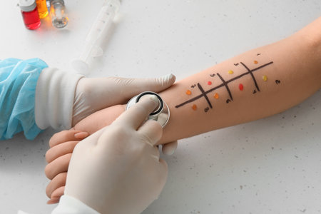 Doctor with stethoscope making allergy skin test on patient's hand in clinic, closeup