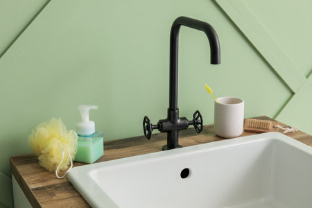 Sink with bath accessories on table near green wall