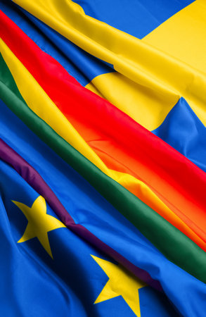 Flags of LGBT, European Union and Sweden as background, closeupの写真素材