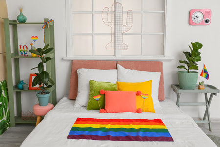 Comfortable bed with houseplants, shelving unit and rainbow flags in room