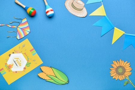 Greeting card and decor for Festa Junina (June Festival) on color backgroundの写真素材