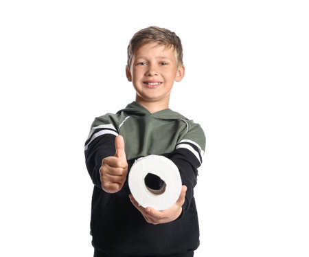 Little boy with toilet paper showing thumb-up on white backgroundの写真素材