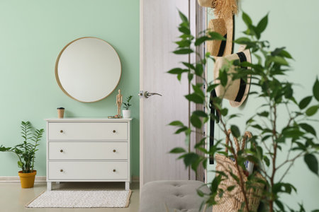 Chest of drawers and mirror near opened door in hallwayの写真素材
