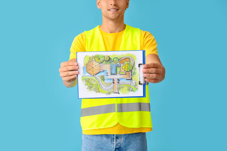 Young male landscape designer with new project on color background