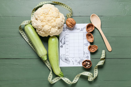 Healthy products, meal plan and measuring tape on color wooden backgroundの写真素材