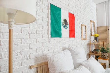 Interior of stylish bedroom with Mexican flagの写真素材