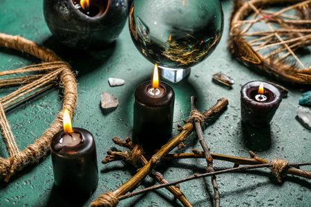 Magic attributes of fortune teller on green table