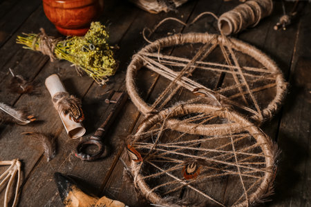 Magic attributes on wooden tableの写真素材