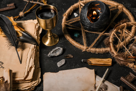 Magic attributes on dark tableの写真素材