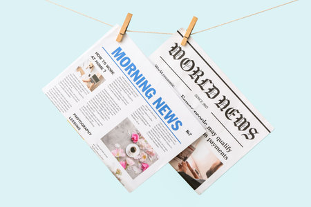Newspapers hanging on rope against color backgroundの写真素材