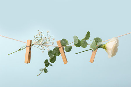 Flowers and eucalyptus branch hanging on rope against color background