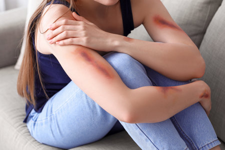 Young woman with bruised arms sitting on sofa at home, closeupの写真素材