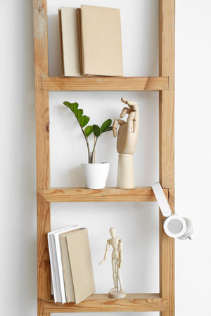 Wooden hand, books and houseplant on shelf unitの写真素材