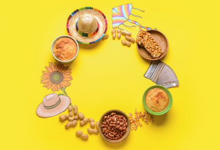 Frame made of traditional food for Festa Junina (June Festival) and symbols on color background