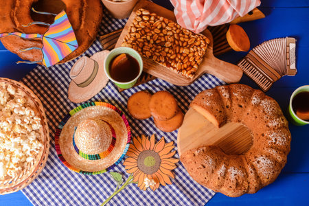Traditional food for Festa Junina (June Festival) with symbols on color wooden backgroundの写真素材