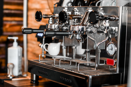 Modern coffee machine on table in cafe, closeupの写真素材