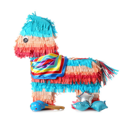 Mexican pinata with maracas and balloons on white backgroundの写真素材