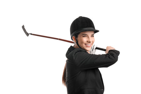 Beautiful female polo player on white backgroundの写真素材