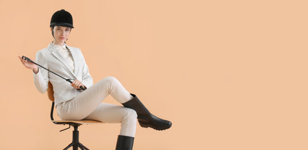 Beautiful female jockey sitting on chair against color backgroundの写真素材