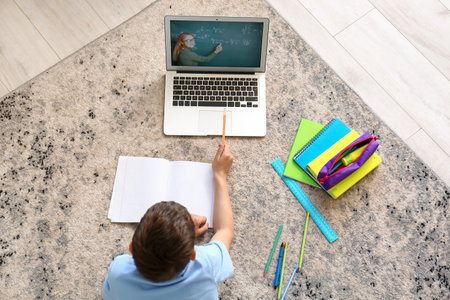 Little schoolboy studying Math online at homeの写真素材