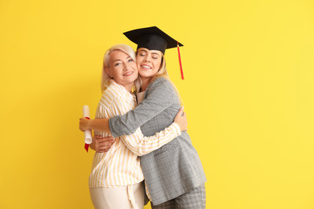 Happy female graduation student with her mother on color backgroundの写真素材