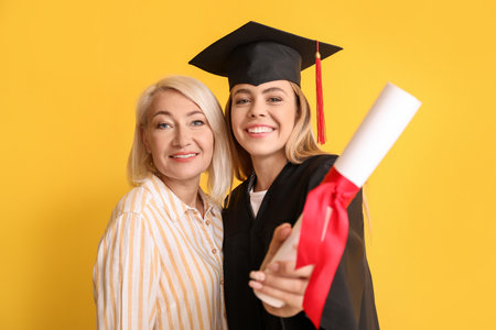 Happy female graduation student with her mother on color backgroundの写真素材