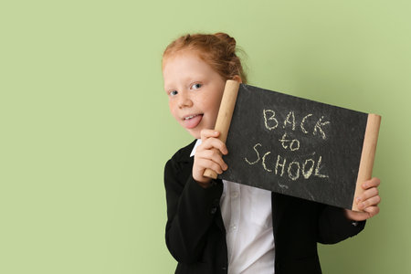 Cute little girl holding chalkboard with text BACK TO SCHOOL on color backgroundの写真素材