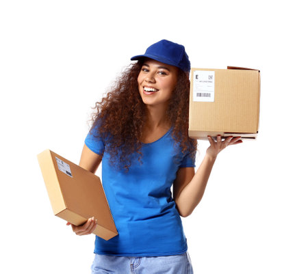 Female African-American courier with parcels on white background