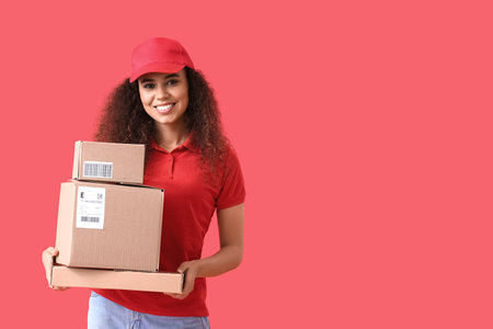 Female African-American courier with parcels on color backgroundの写真素材
