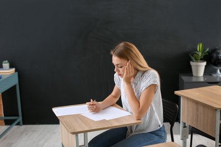 student passing exam at schoolの写真素材