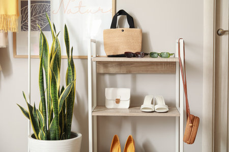 Stylish female accessories and shelf unit in roomの写真素材