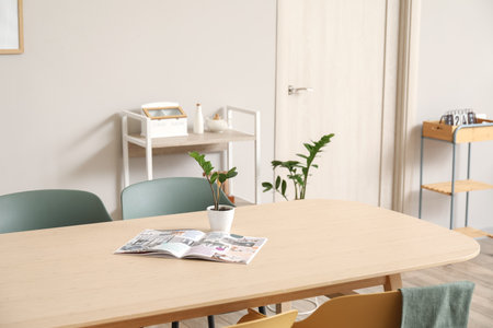 Dining table with flower pot and magazine in modern roomの写真素材