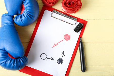 Clipboard with drawn scheme of boxing game, marker, gloves and bandages on yellow wooden backgroundの写真素材