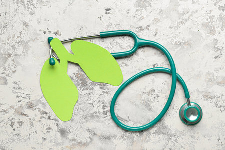 Green paper lungs with stethoscope on grunge backgroundの写真素材