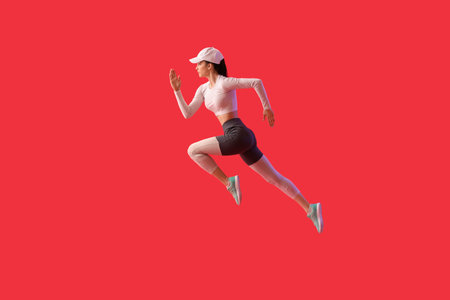 Sporty running woman on color backgroundの写真素材