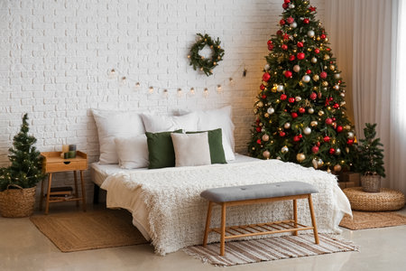 Interior of bedroom with Christmas trees and wreathの写真素材