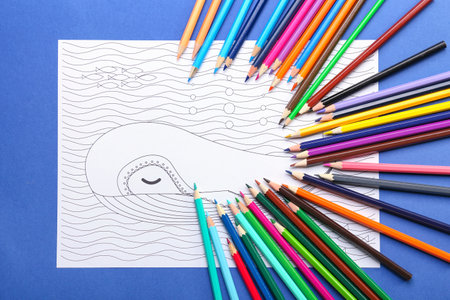 Coloring page and pencils on blue backgroundの写真素材
