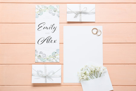 Cards with text EMILY & ALEX, envelopes and wedding rings on pink wooden background
