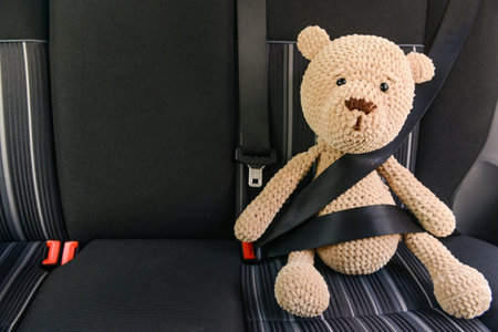 Fastened toy teddy bear sitting in carの写真素材