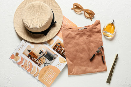 Composition with t-shirt, accessories and magazine on light backgroundの写真素材