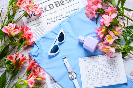 Composition with stylish t-shirt, calendar, accessories and flowers on light background, closeupの写真素材