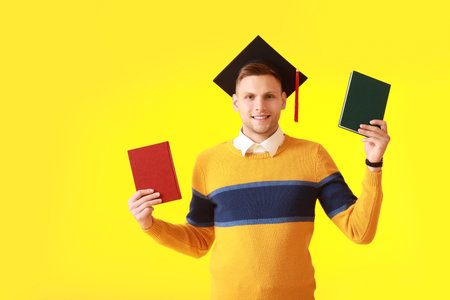 Male graduating student with books on color backgroundの写真素材