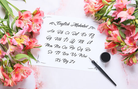 Paper with English alphabet, nib pen and flowers on light backgroundの写真素材