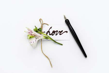Paper with word LOVE, nib pen and flower on white backgroundの写真素材